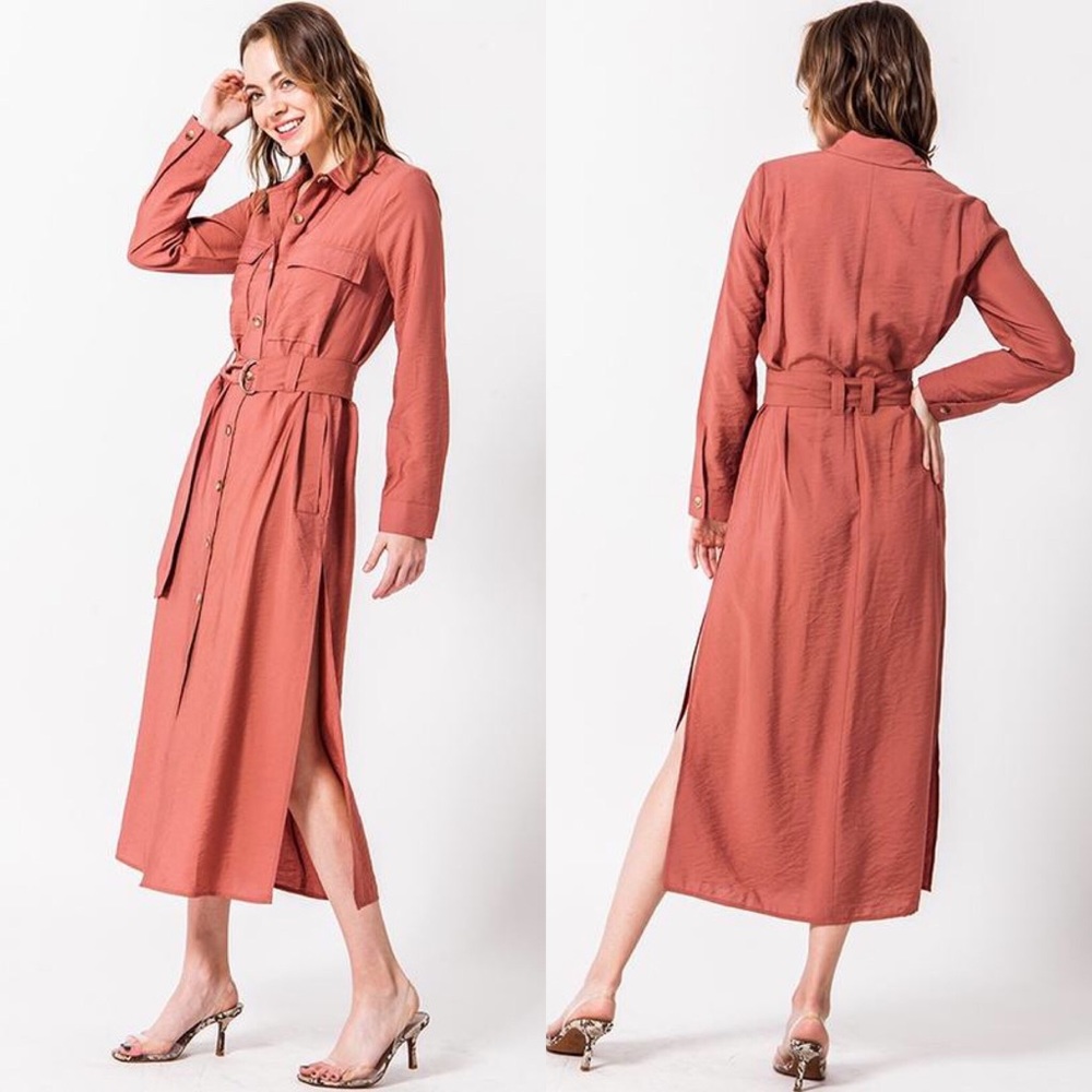 Button Down Midi Shirt Dress With Belt